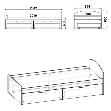 Кровать односпальная с ящиками Компанит 90+2, Нимфея Альба, ламинированная ДСП 16 мм, 90х200 см