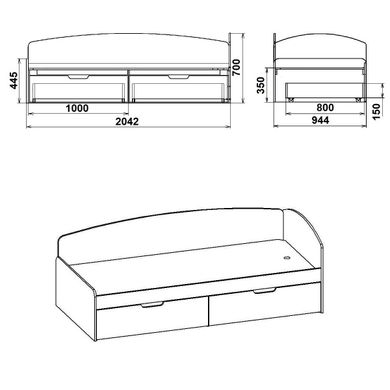 Ліжко односпальне з шухлядами Компаніт 90+2С, Німфея Альба, ламінована ДСП 16 мм, 90х200 см
